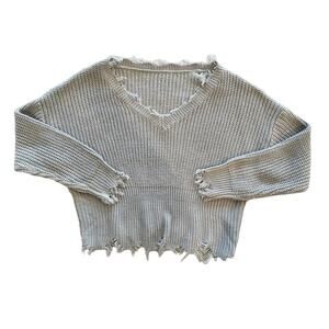 SHEIN Gray Fringe Acrylic V-Neck Sweater Womens Size S